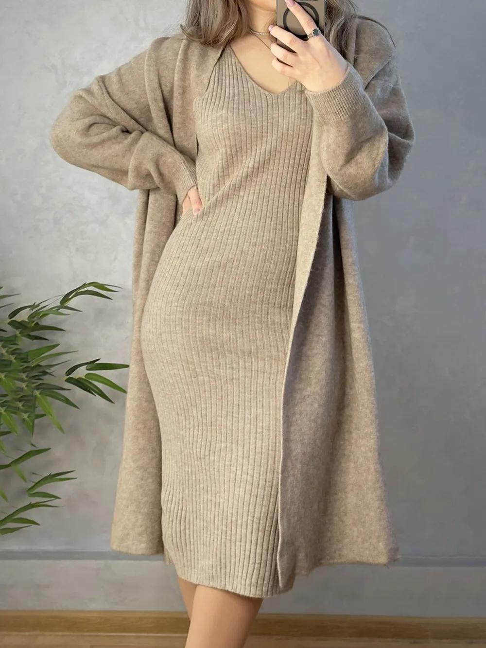 V-Neck Cami Dress and Open Front Cardigan Sweater Set, image 11