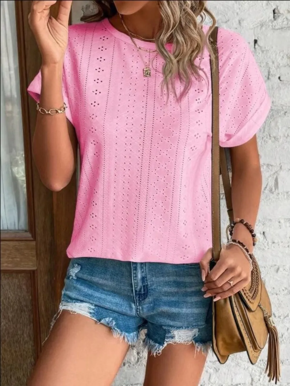 Eyelet Round Neck Short Sleeve T-Shirt, image 7