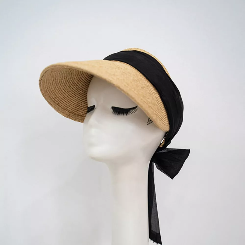 Ribbon-Tie Straw Visor Sun Hat