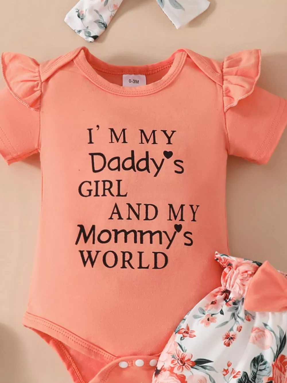 Children's Ruffled Bodysuit and Floral Shorts Set with Headband, image 4