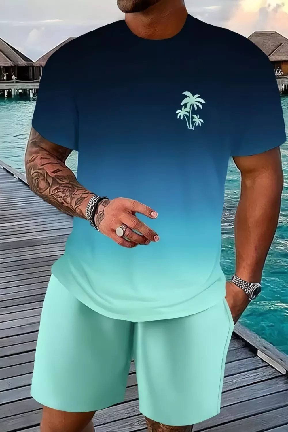 Men's Full Size Tropical Print Casual Tee and Shorts Set Plus Size, image 3