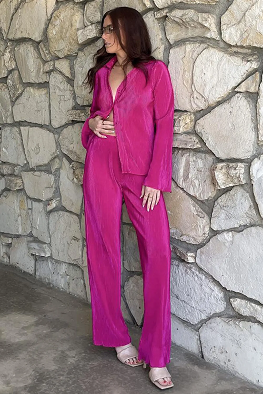 Textured Button Up Collared Neck Top and Pants Set, image 9