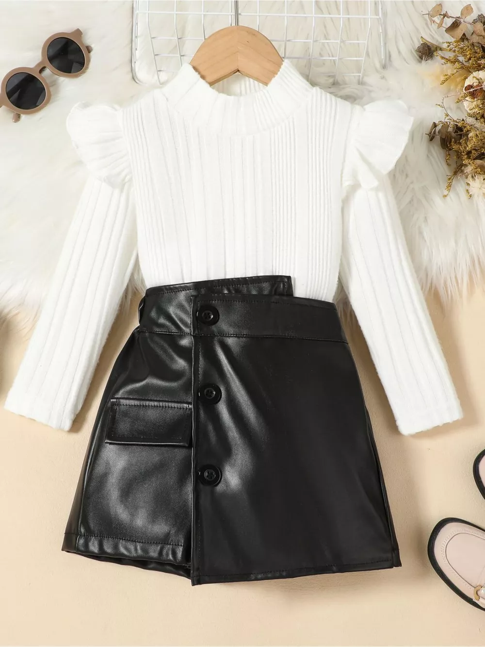 Children's Ribbed Knit Top and Leather Skirt Set