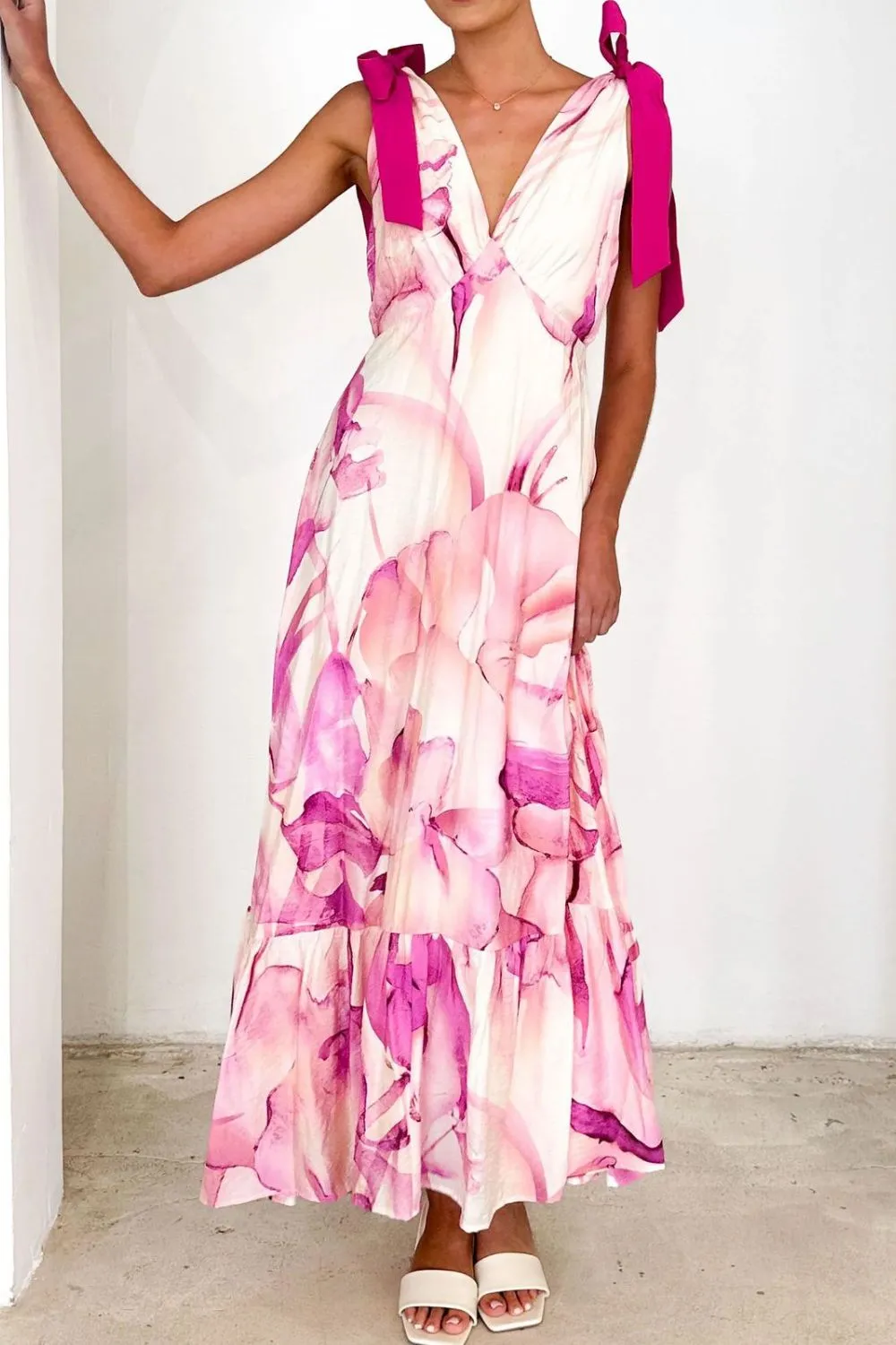 Printed V-Neck Tie Shoulder Midi Cami Dress, image 11