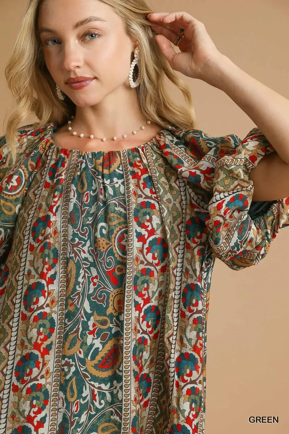 Boho Floral Stripe Puff Sleeve Blouse, image 3