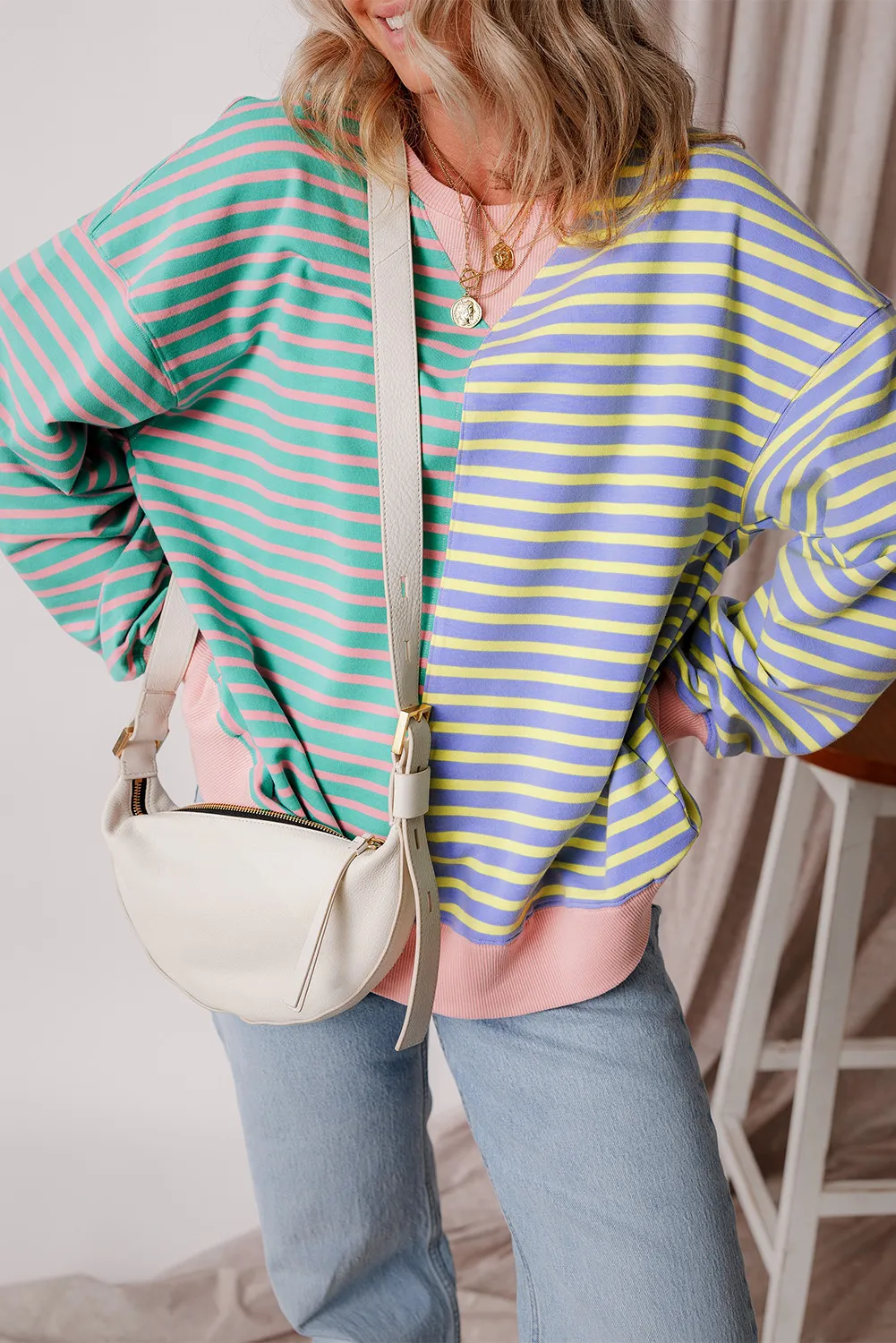 Contrast Stripes Round Neck Long Sleeve Sweatshirt, image 8