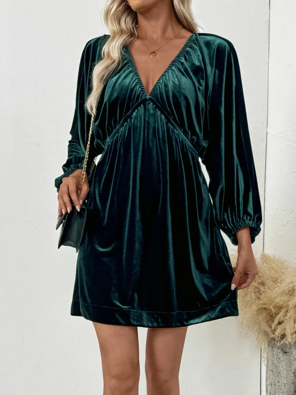 Ruched V-Neck Balloon Sleeve Dress, image 4