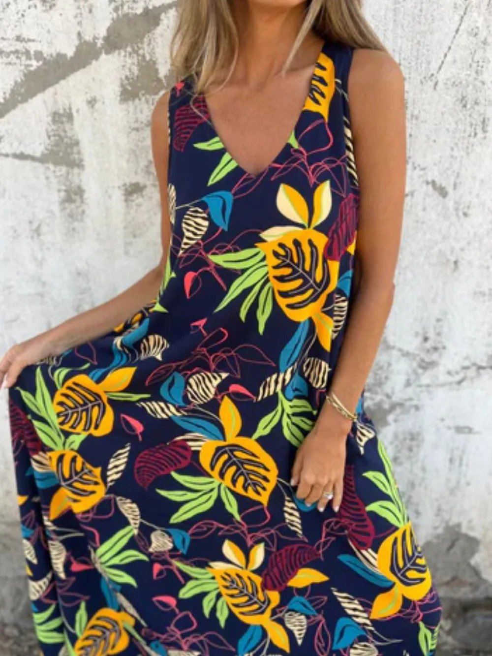 Full Size Printed V-Neck Sleeveless Dress Plus Size