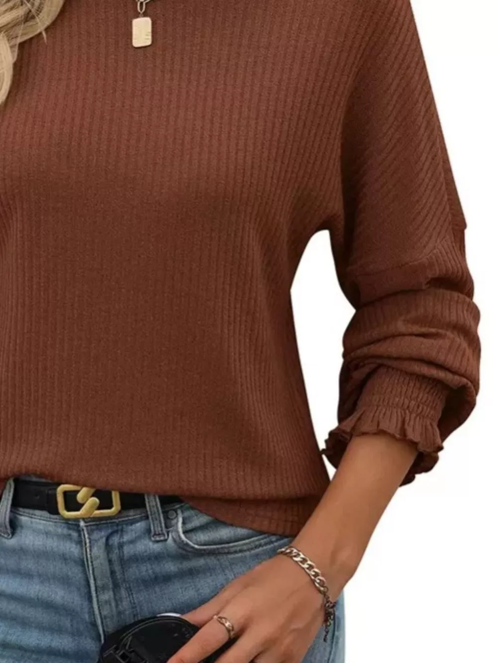 Ribbed Knit Long Sleeve T-Shirt, image 5