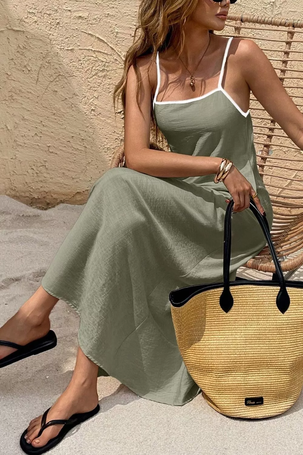 Spaghetti Strap Maxi Dress with Contrast Trim, image 5