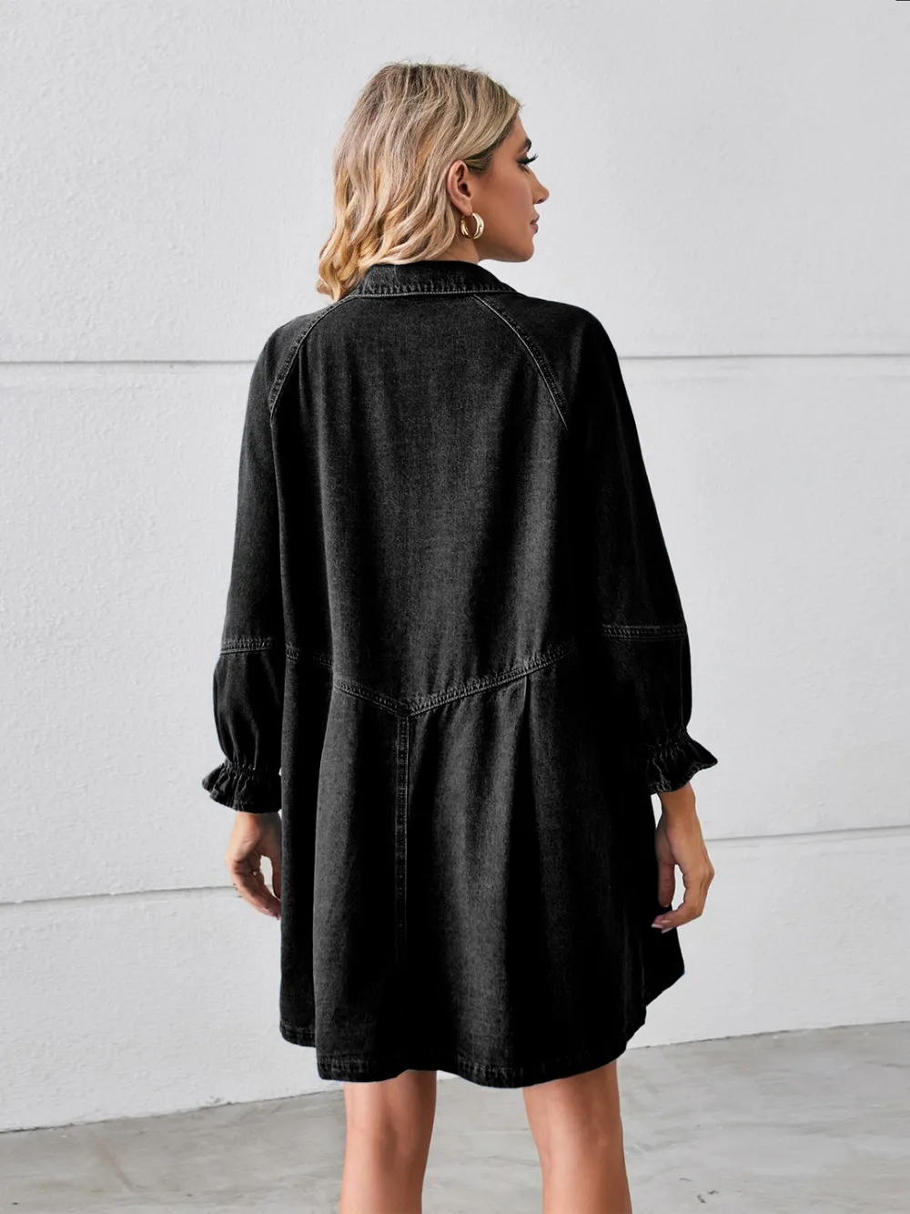 Button Up Flounce Sleeve Mini Denim Dress, image 7