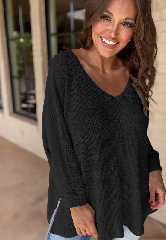 Side Slit V-Neck Long Sleeve Top, image 18