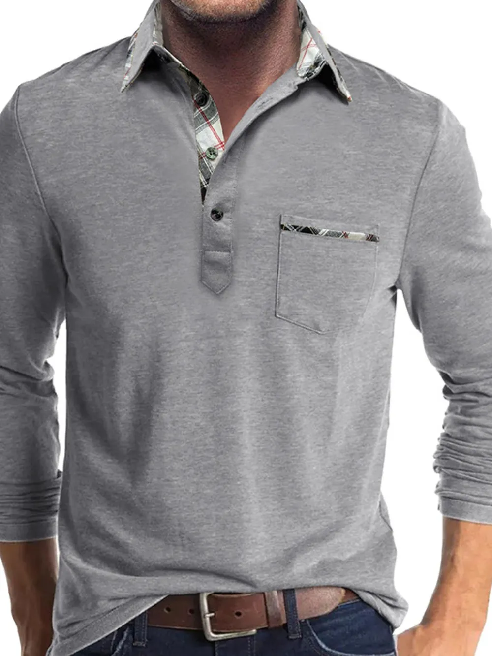 Men's Full Size Plaid Collar Neck Long Sleeve Polo Shirt Plus Size, image 10