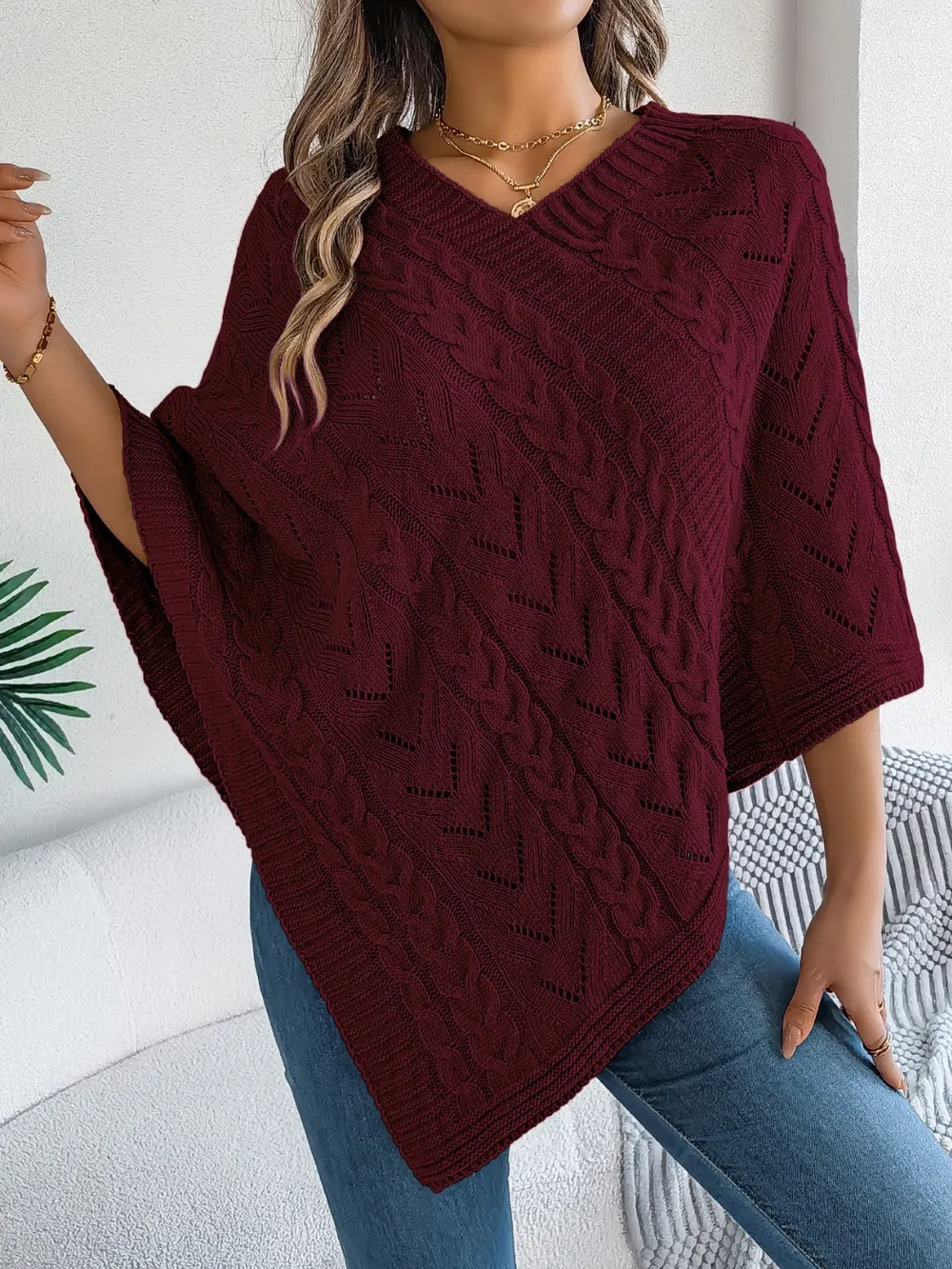 Cable-Knit Openwork Three-Quarter Sleeve Sweater, image 16