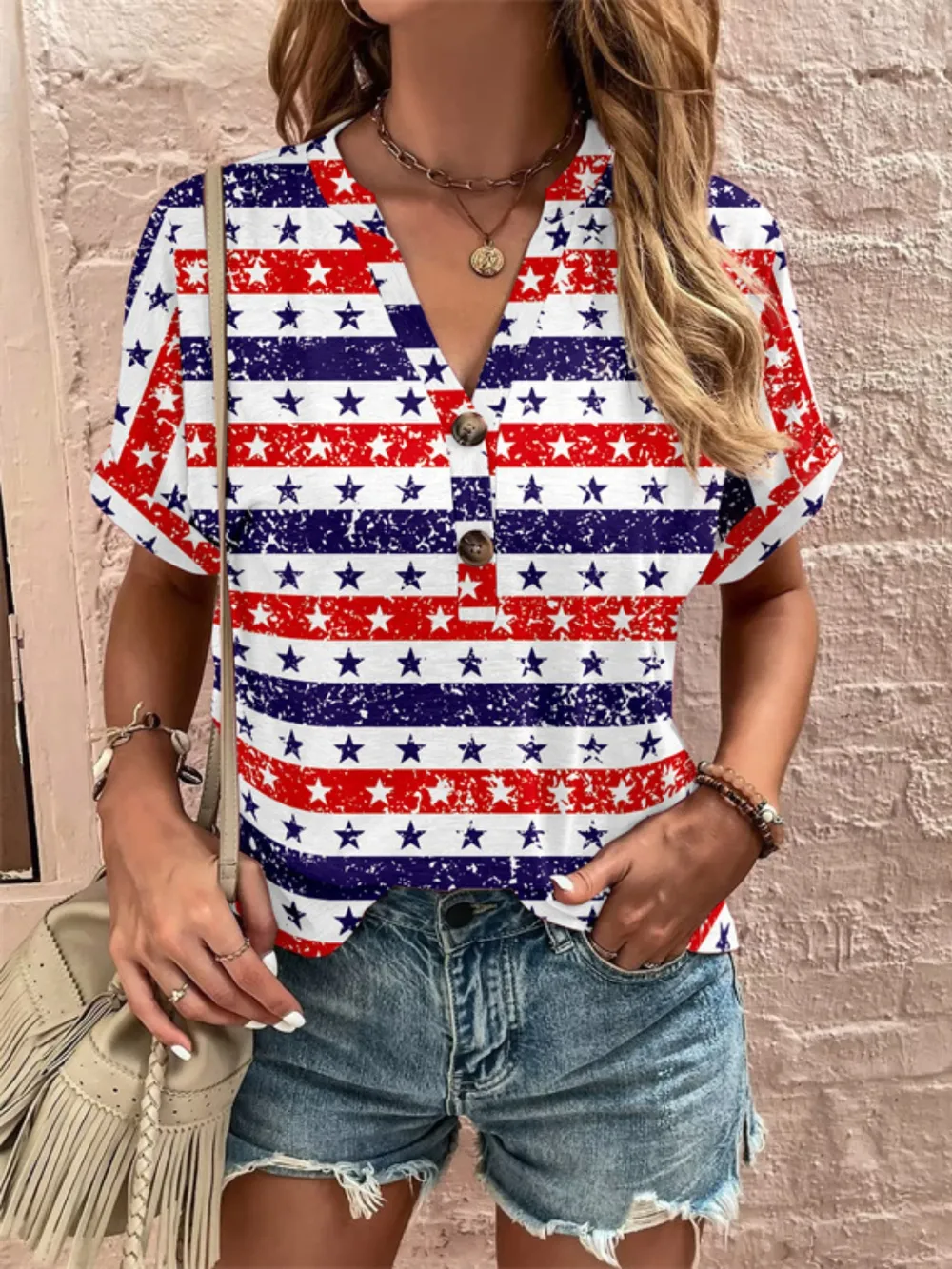 Full Size Printed Notched Short Sleeve Blouse, image 5