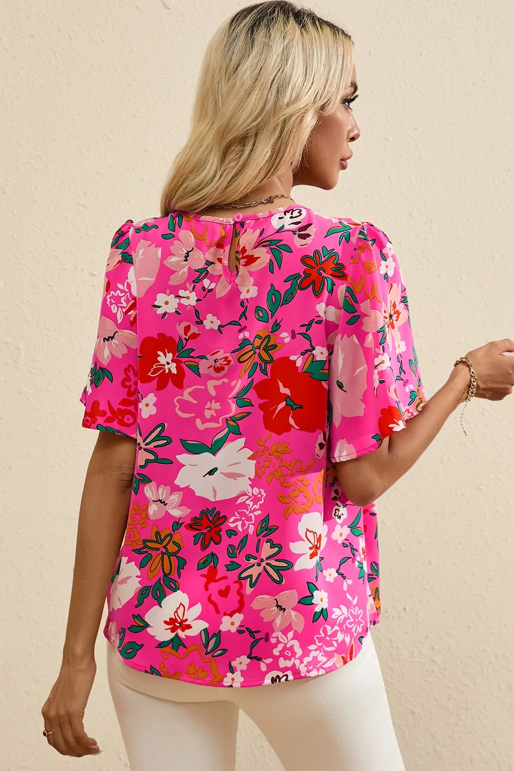 Smocked Printed Round Neck Half Sleeve Blouse, image 4