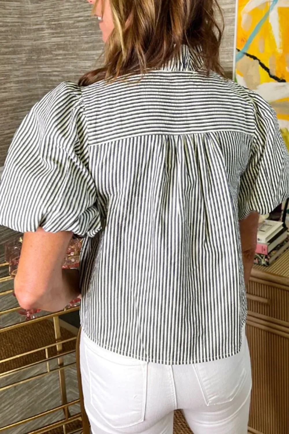 Striped Ruffle Short Bubble Sleeve Shirt, image 5