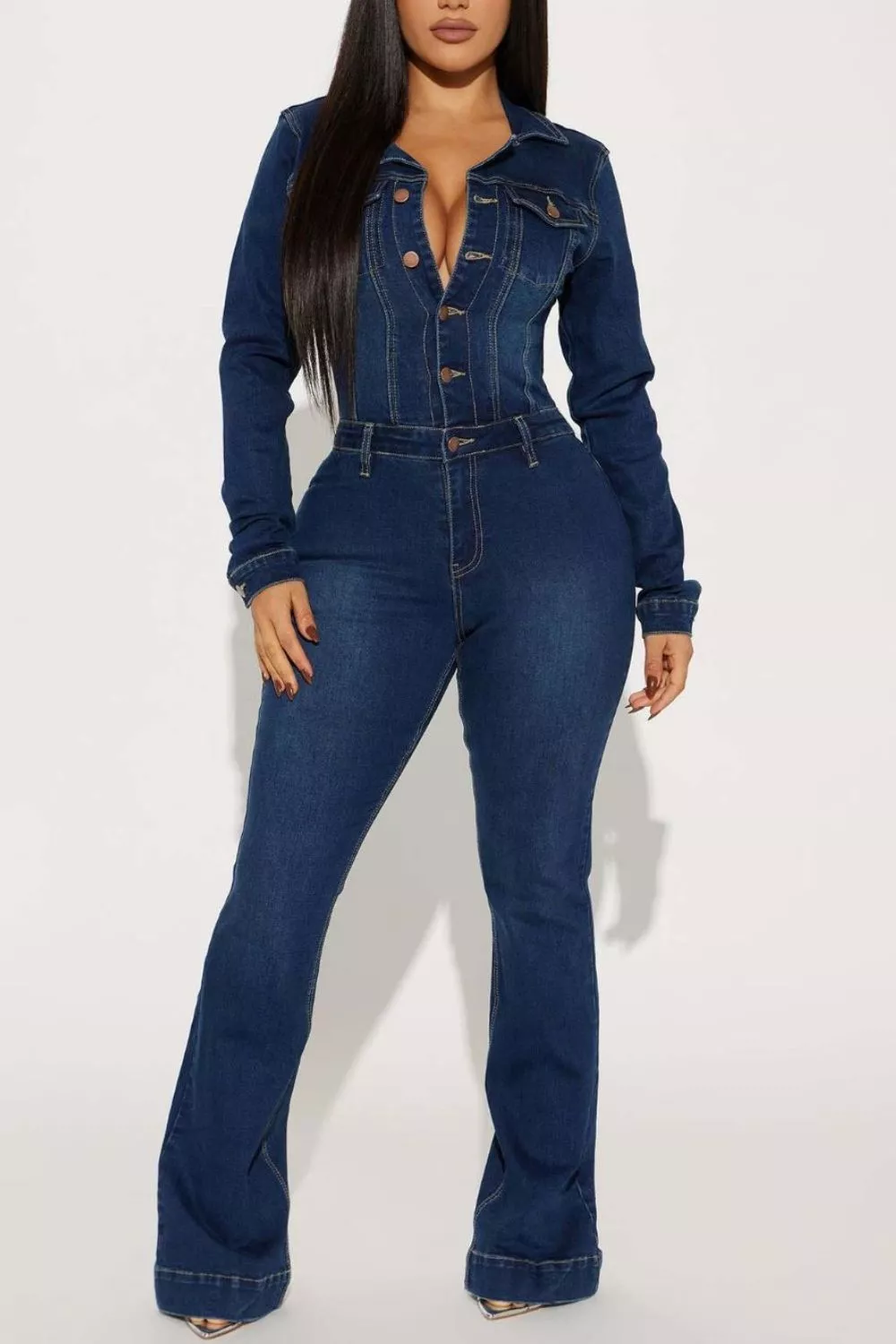 Slim-Fit Long Sleeve Denim Jumpsuit with Flared Legs