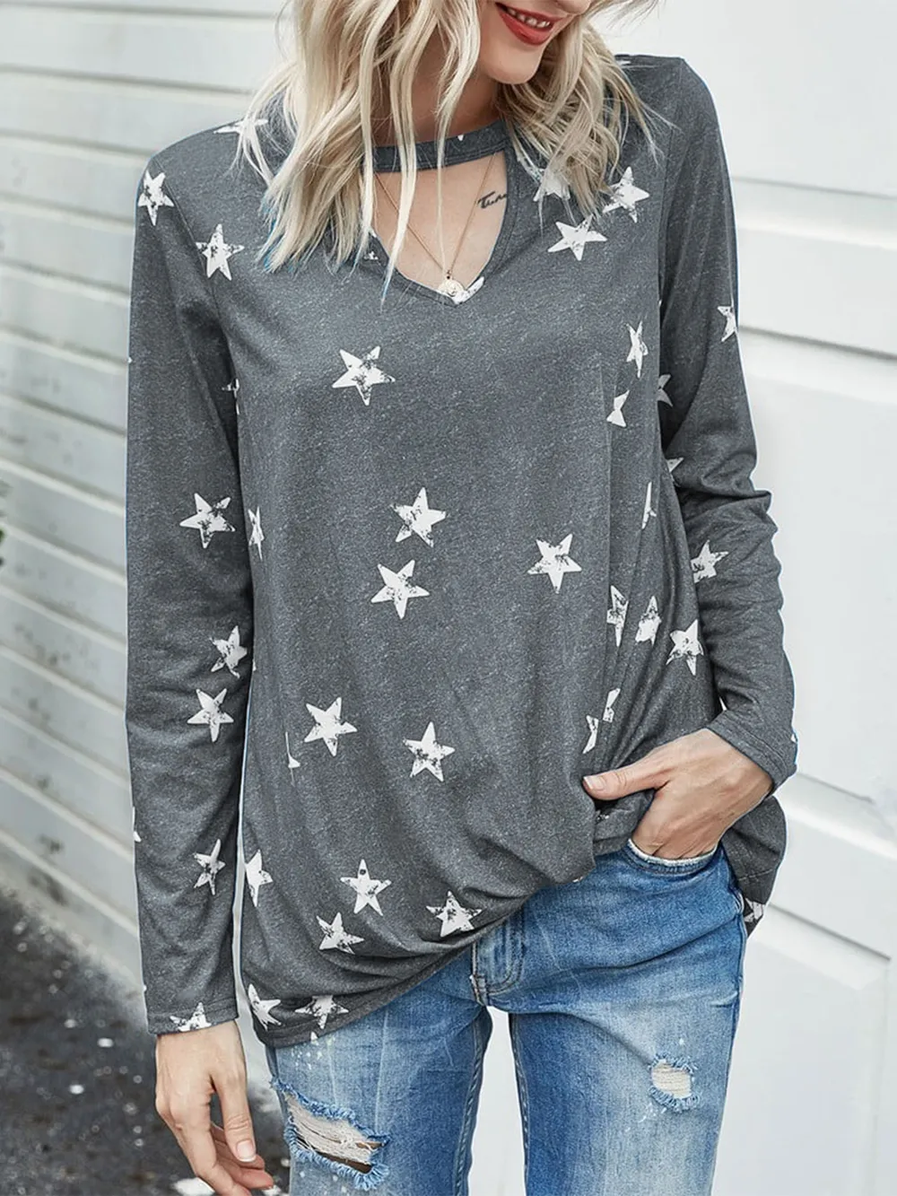 Cutout Round Neck Long Sleeve T-Shirt, image 2