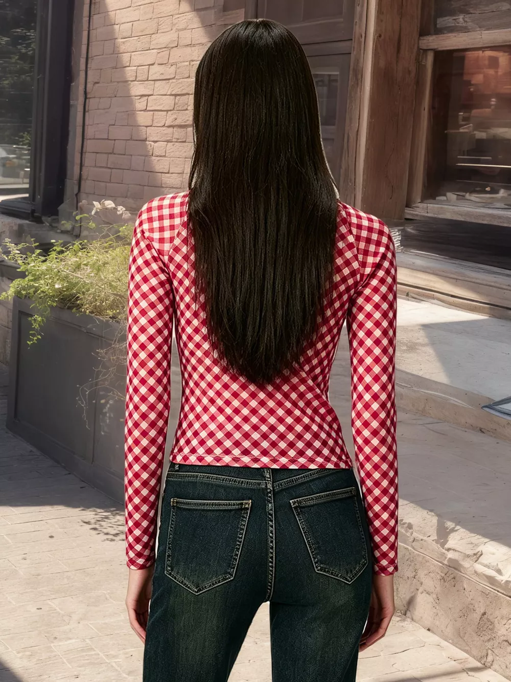 Gingham Tie Front Long Sleeve Blouse, image 4