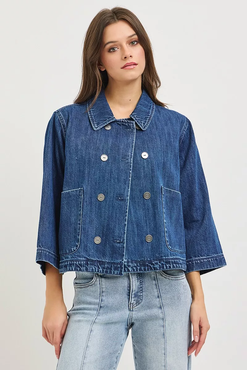 RISEN Double-Breasted Flowy Cropped Denim Jacket, image 2