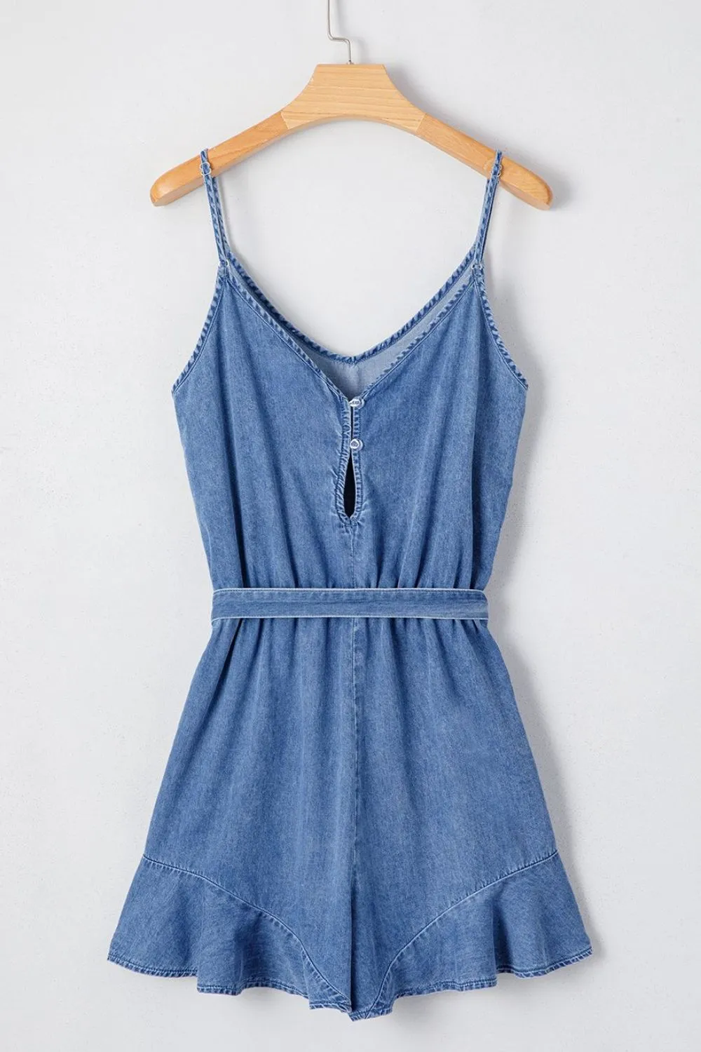 Spaghetti Straps V Neck Belted Ruffled Leg Chambray Romper, image 4