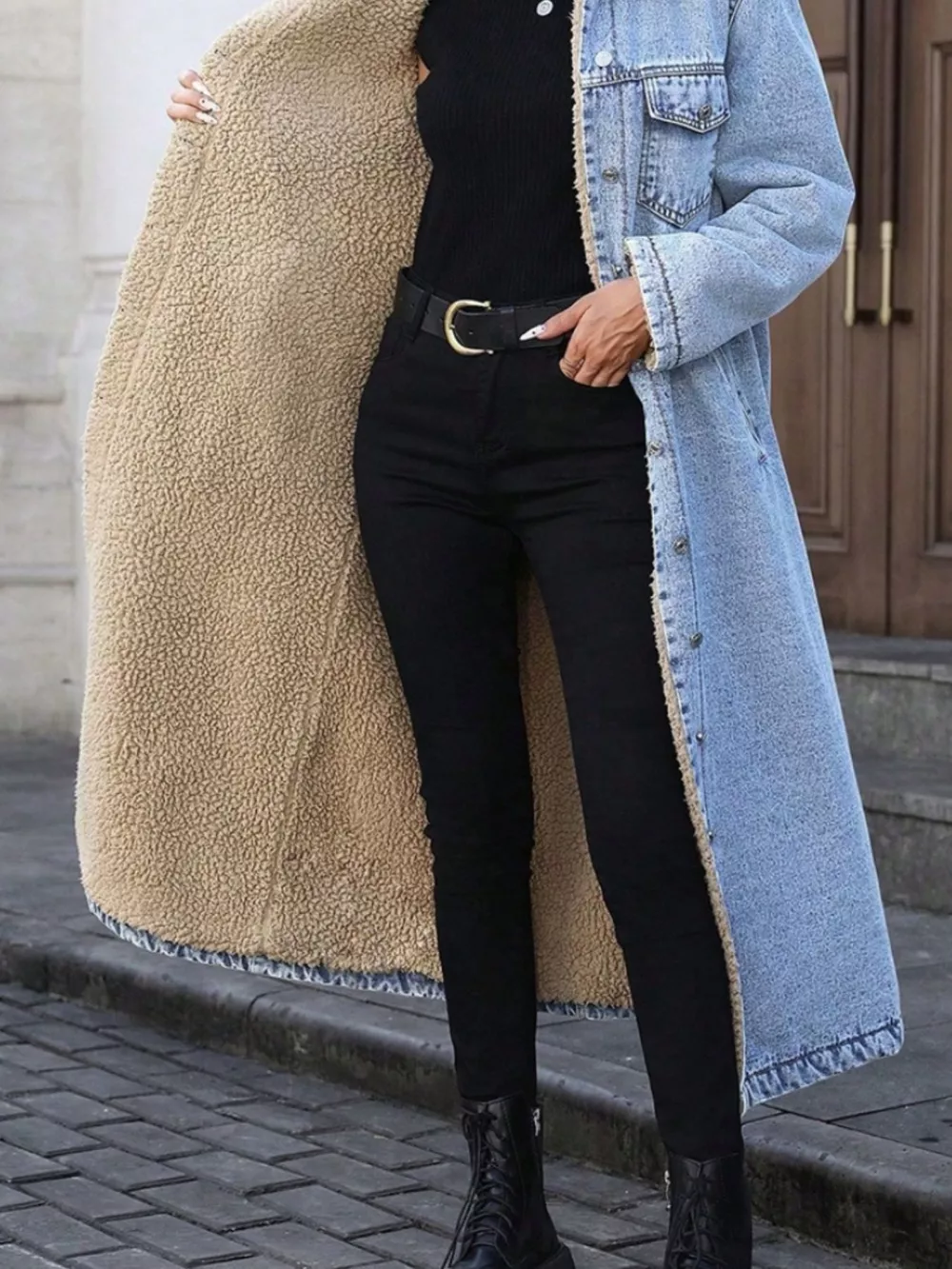 Sherpa Lined Longline Denim Jacket, image 11
