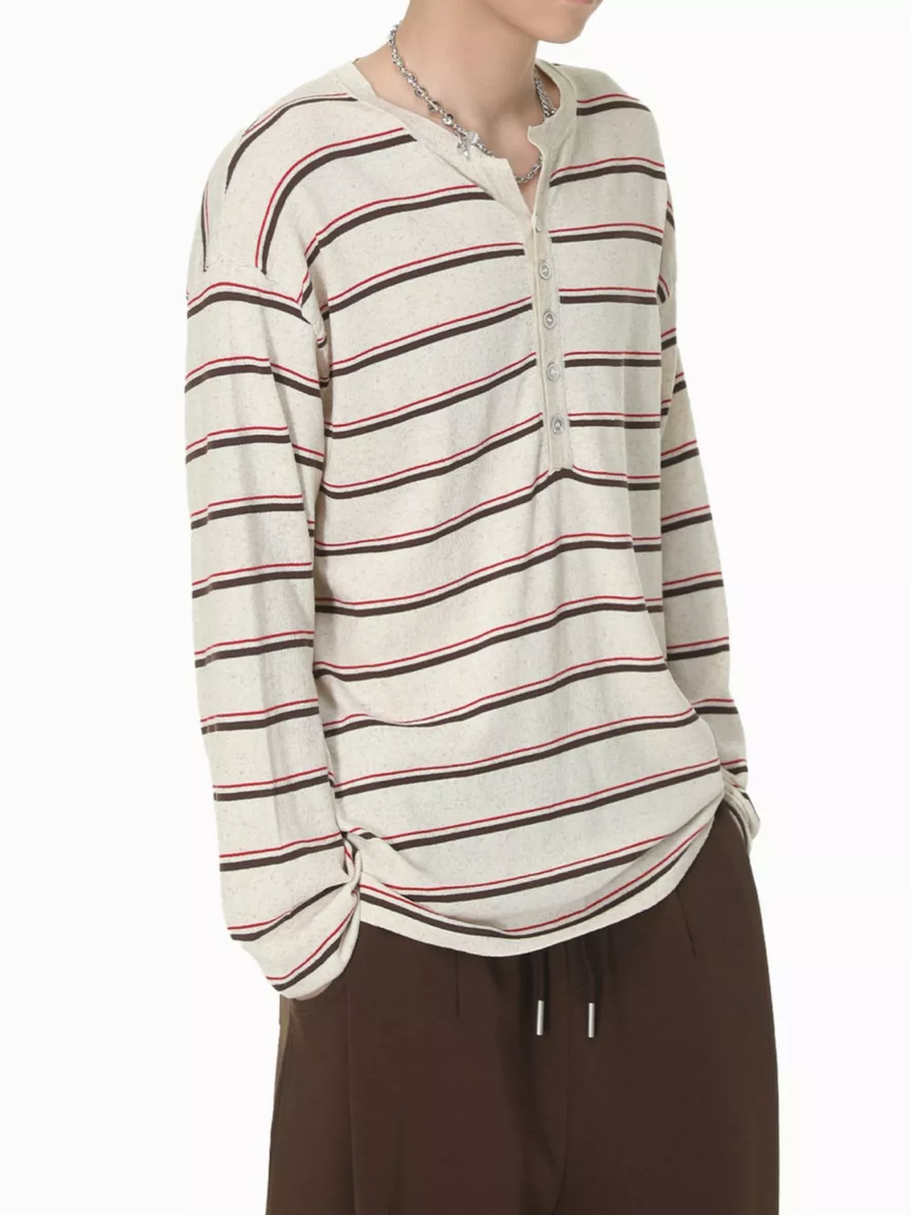Men's Striped Button Detail Henley T-Shirt, image 8