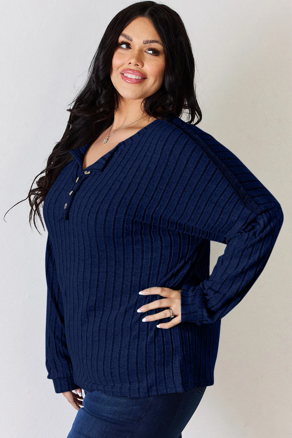 Full Size Ribbed Half Button Long Sleeve T-Shirt, image 10