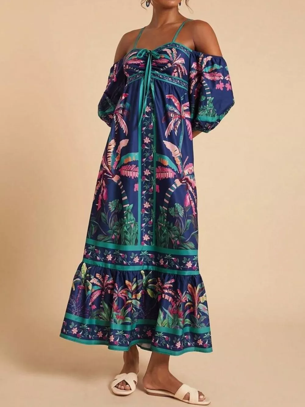 Tropical Print Spaghetti Strap Maxi Dress, image 2