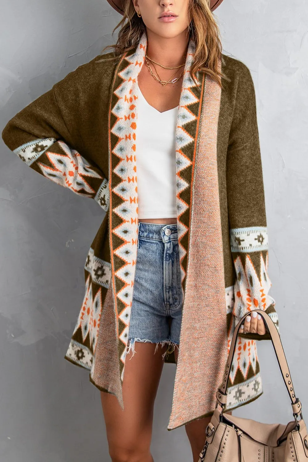 Geometric Open Front Long Sleeve Cardigan, image 9