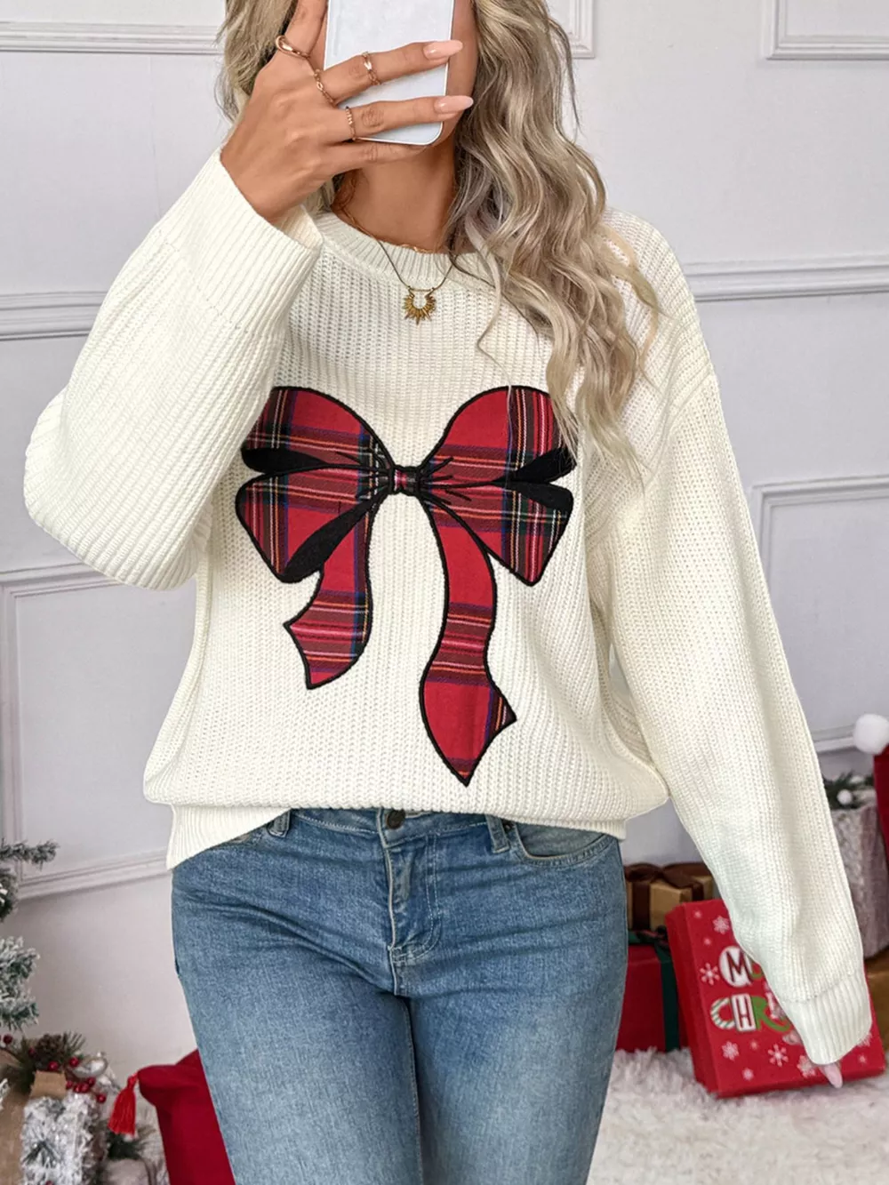 Christmas Bow Dropped Shoulder Sweater, image 4