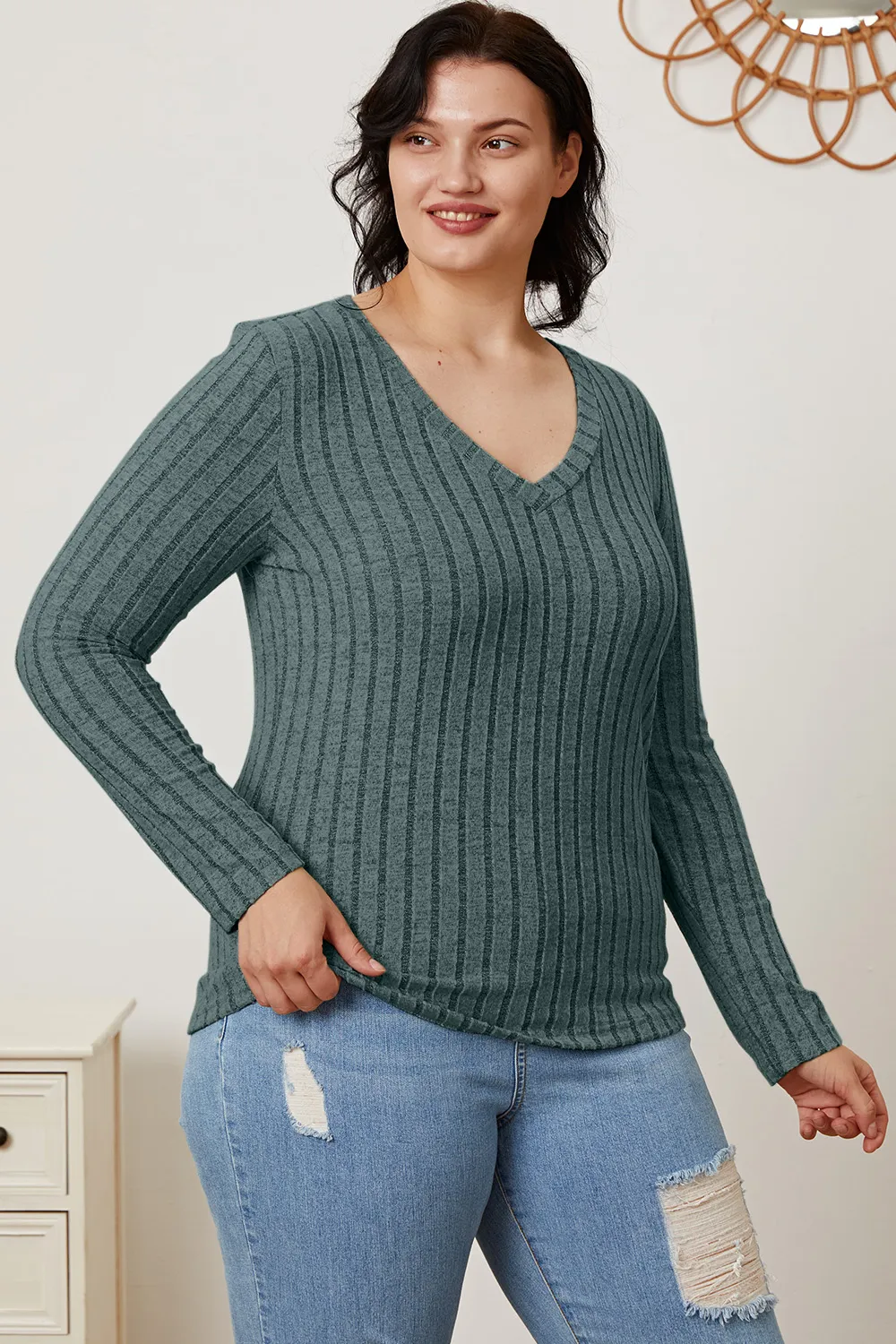Full Size Ribbed V-Neck Long Sleeve T-Shirt, image 11