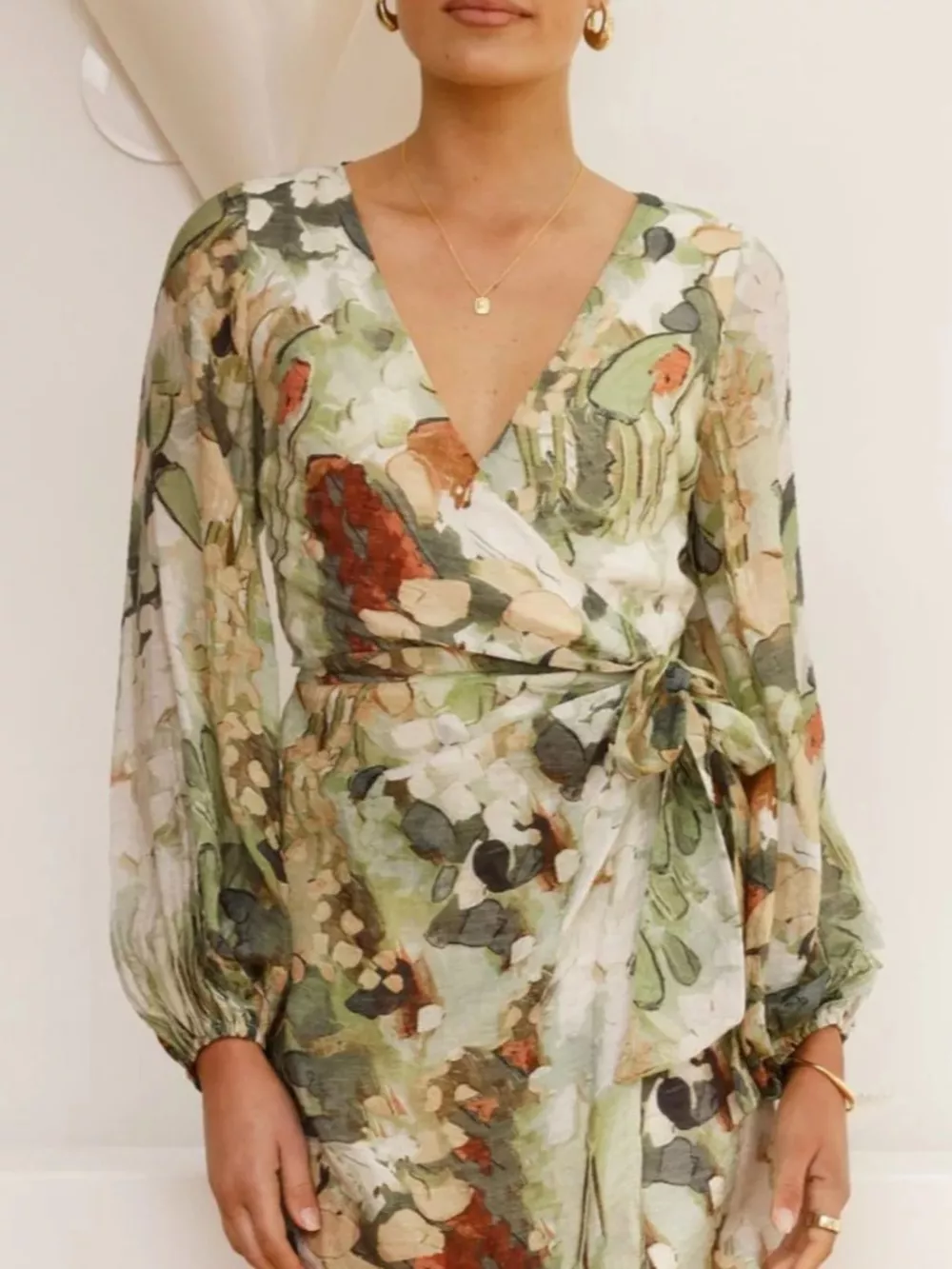 Surplice Long Sleeve Tie Waist Dress