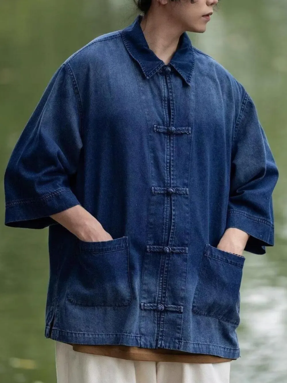 Men's Full Size Oversized 3/4 Sleeve Denim Shirt Plus Size, image 4