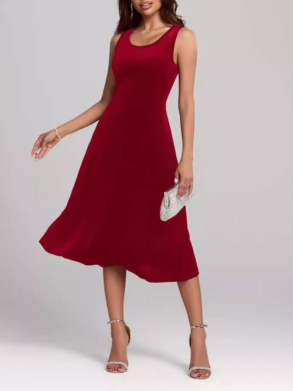 Round Neck Sleeveless Velvet A-Line Midi Dress, image 6