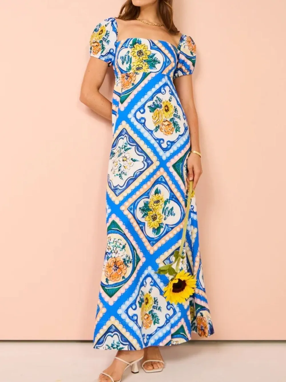 Printed Square Neck Puff Sleeve Maxi Dress, image 3