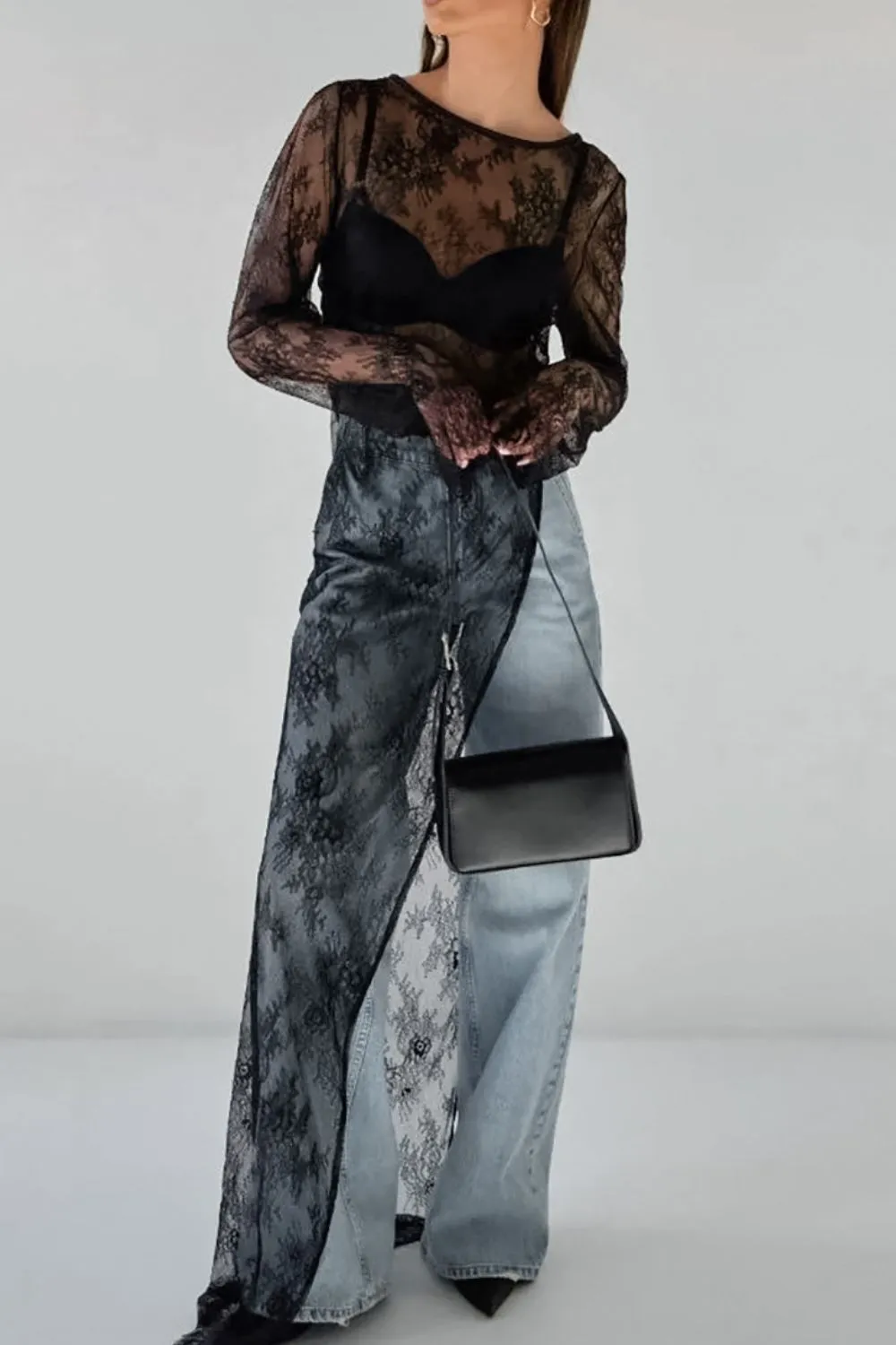 Fringe Round Neck Long Sleeve Lace Sheer Top, image 3