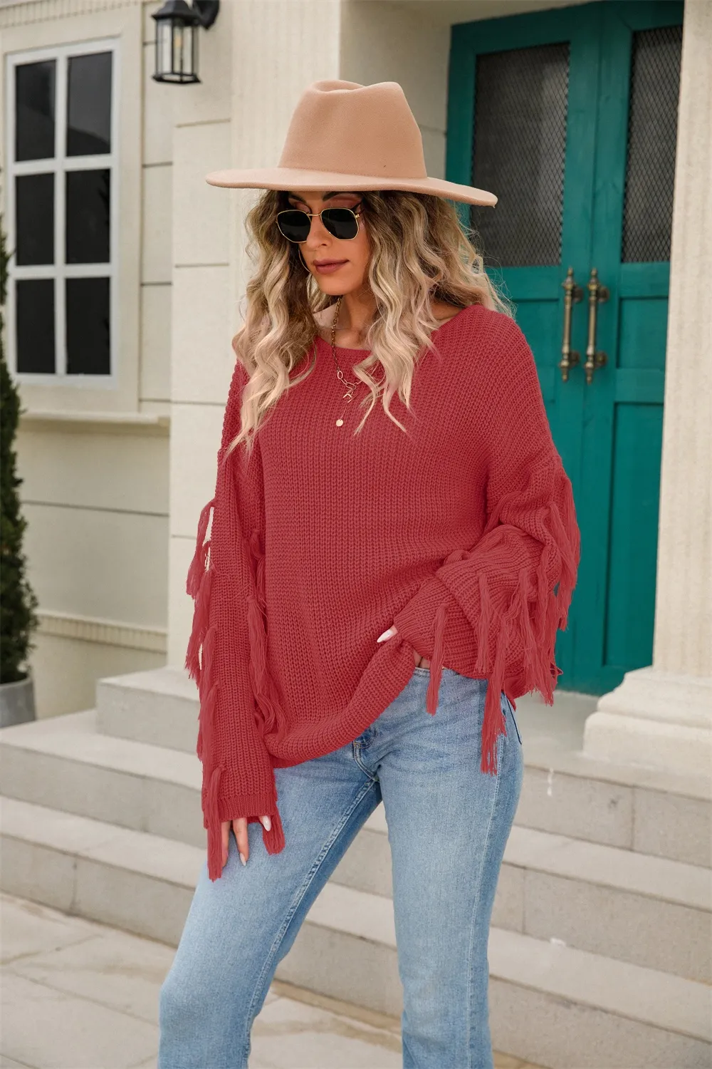 Fringe Round Neck Dropped Shoulder Sweater, image 3