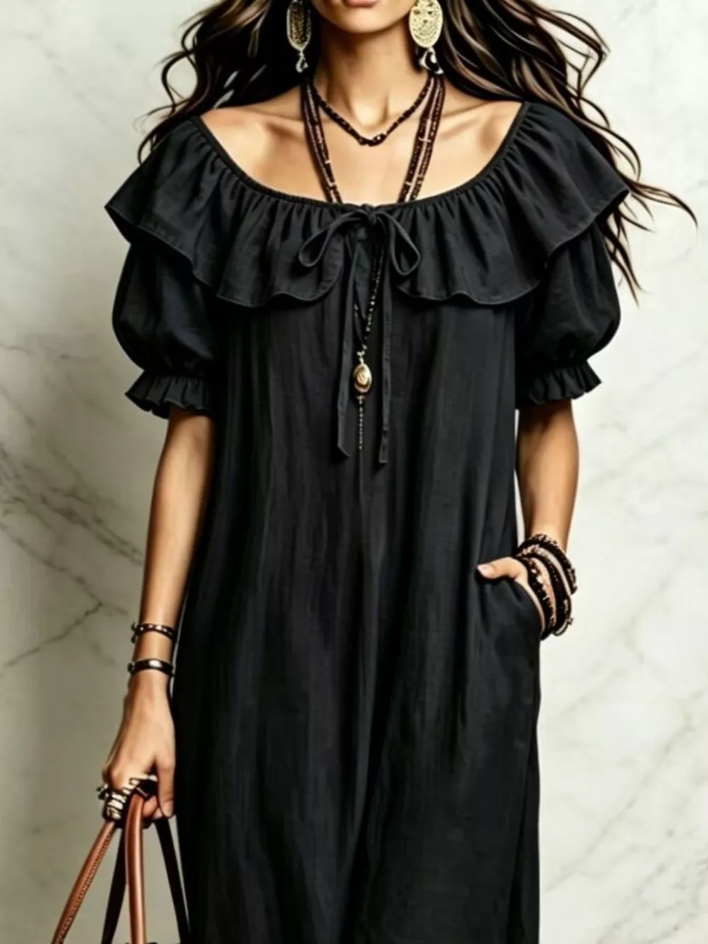 Ruffle Trim Puff Sleeve Maxi Dress, image 11