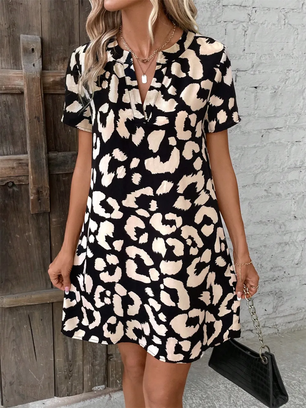 Printed Notched Short Sleeve Mini Dress, image 8
