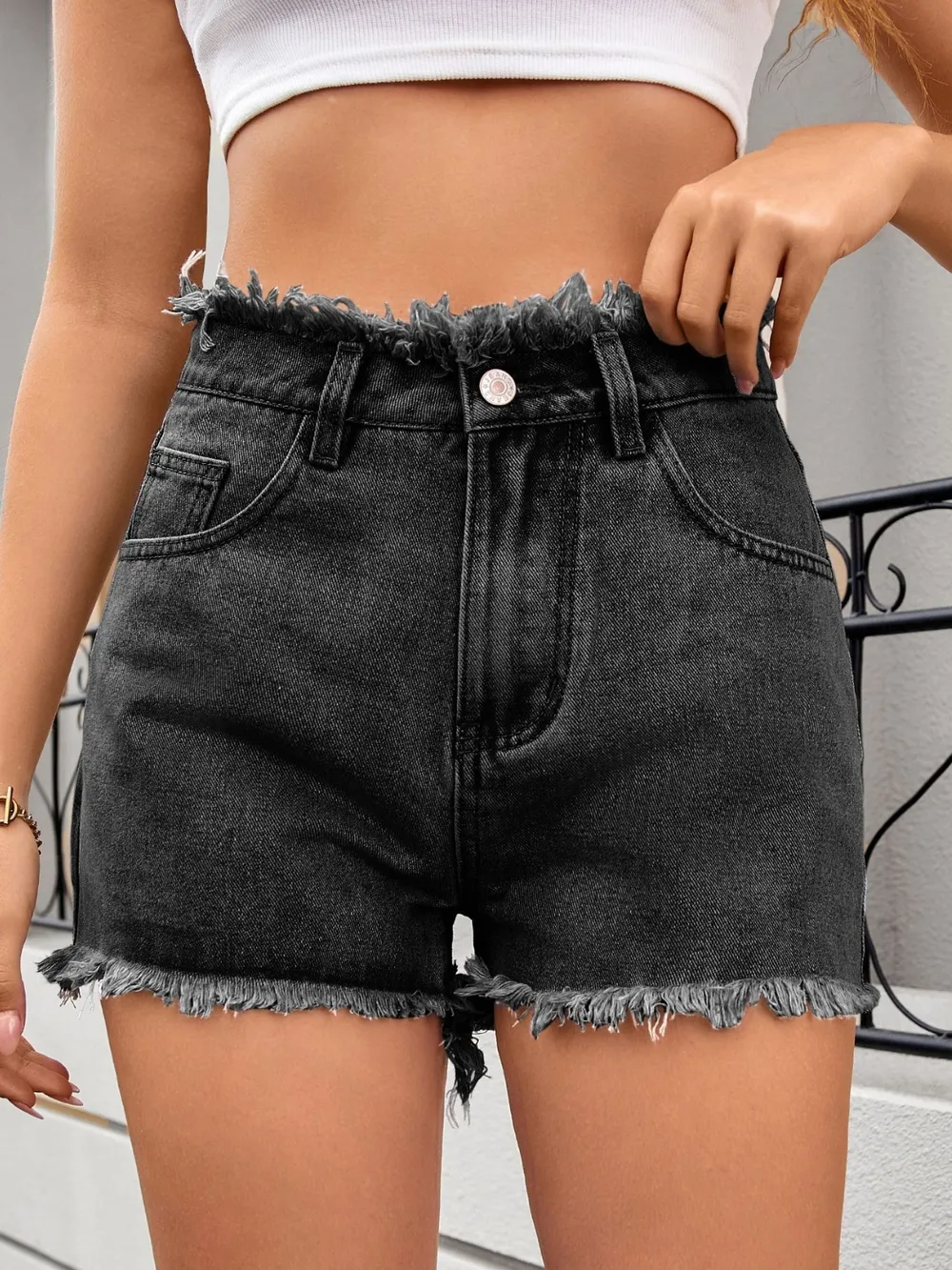 Washed Raw Hem Denim Shorts