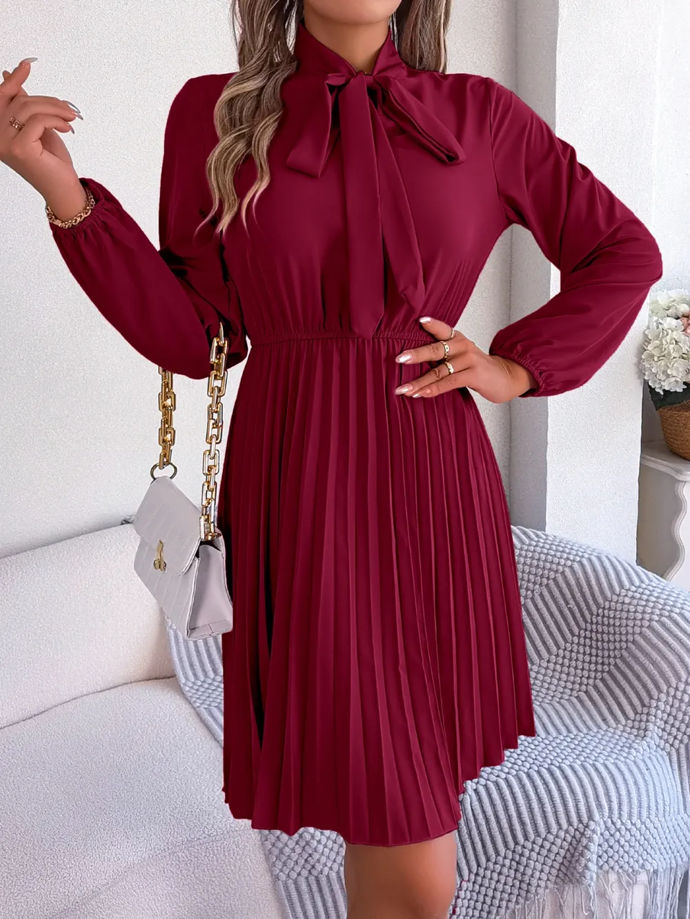 Tie Neck Balloon Sleeve Pleated Dress, image 3