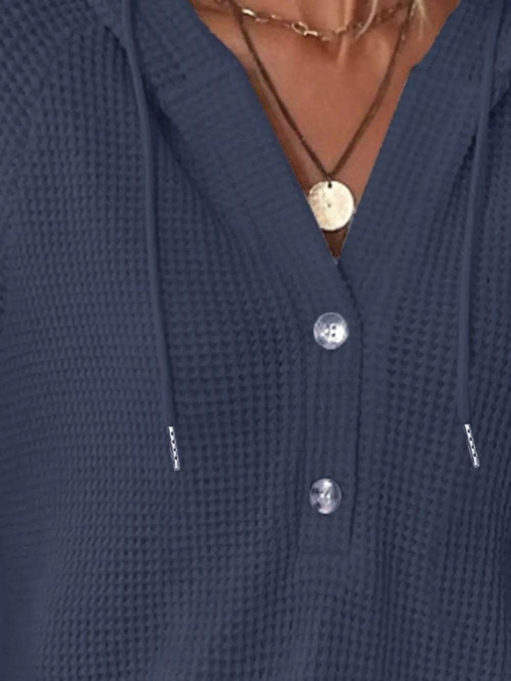 Full Size Button Detail Waffle Knit Hoodie Plus Size, image 7