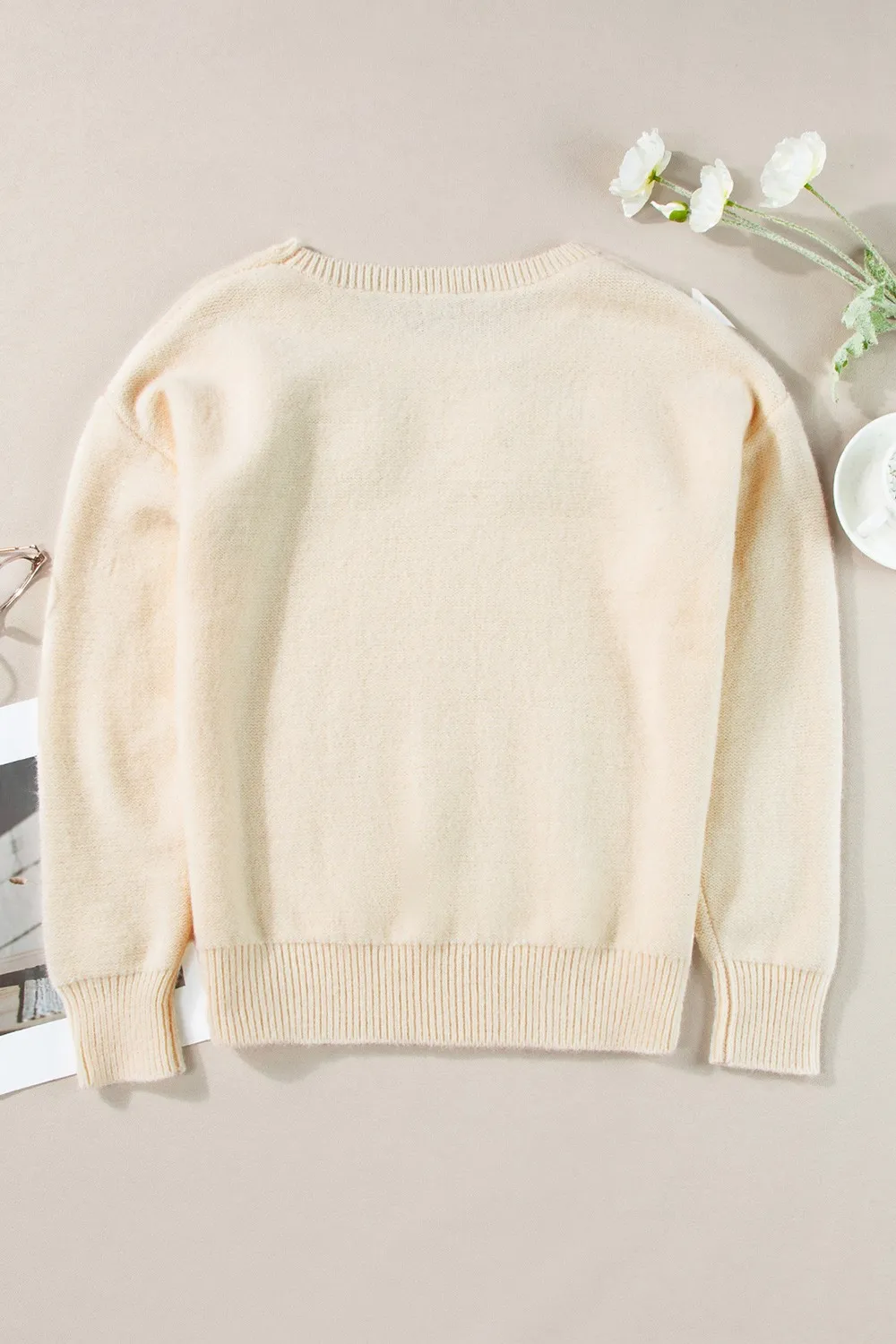 Crochet Flower Round Neck Dropped Shoulder Sweater, image 8