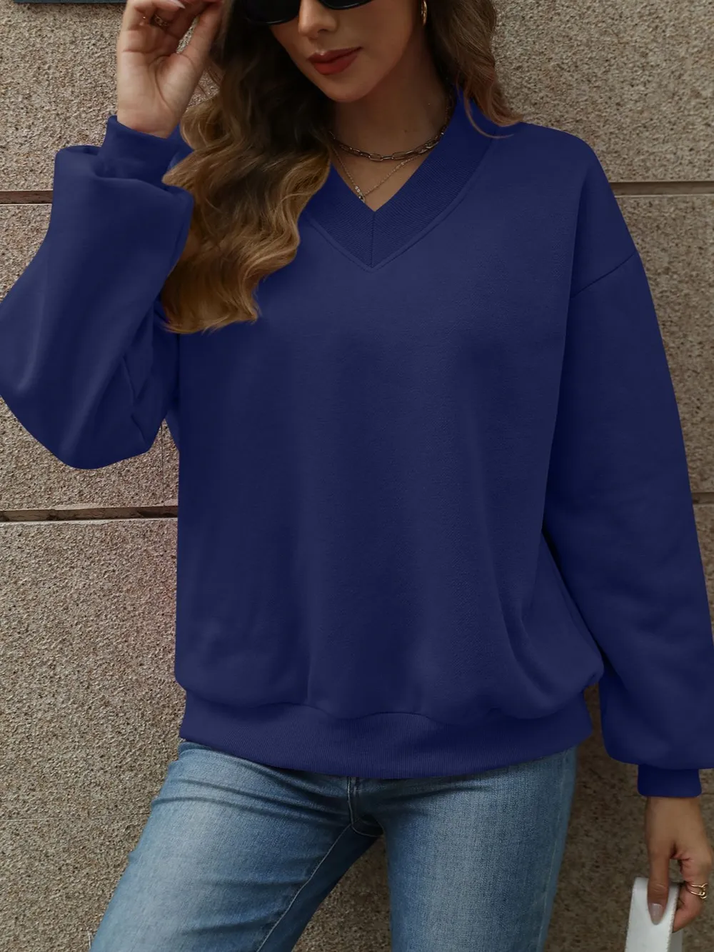 V-Neck Long Sleeve Dropped Shoulder Sweatshirt, image 25