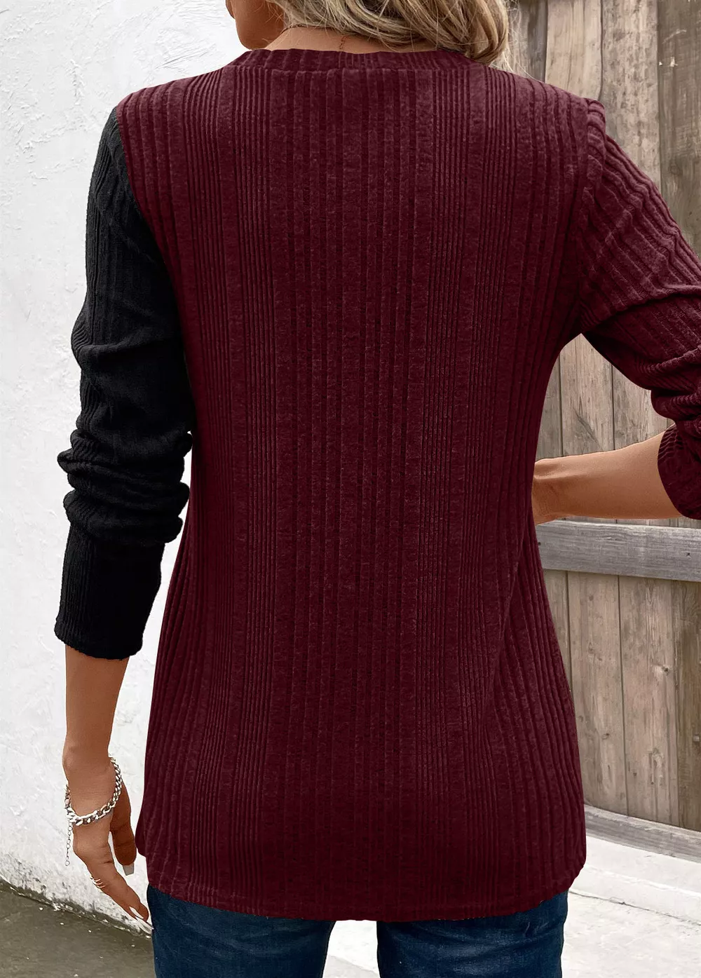 Color Block Ribbed Knit Decor Button T-Shirt, image 15