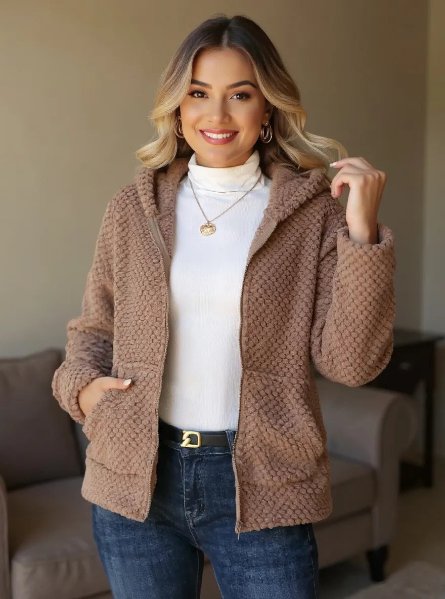 Textured Knit Zip-Up Hooded Outerwear, image 3
