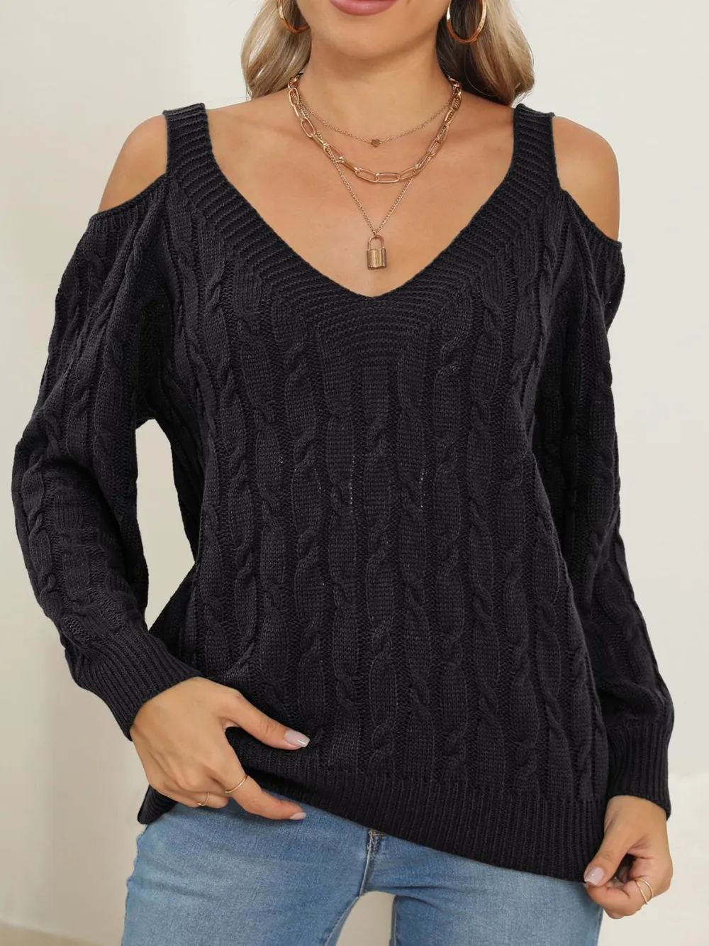 Cable-Knit V-Neck Long Sleeve Sweater, image 7