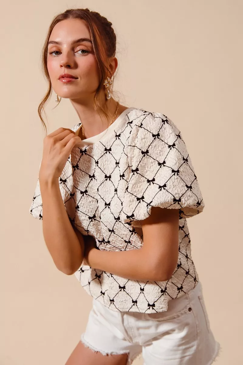 Bow Texture Woven Bubble Sleeve Top, image 4